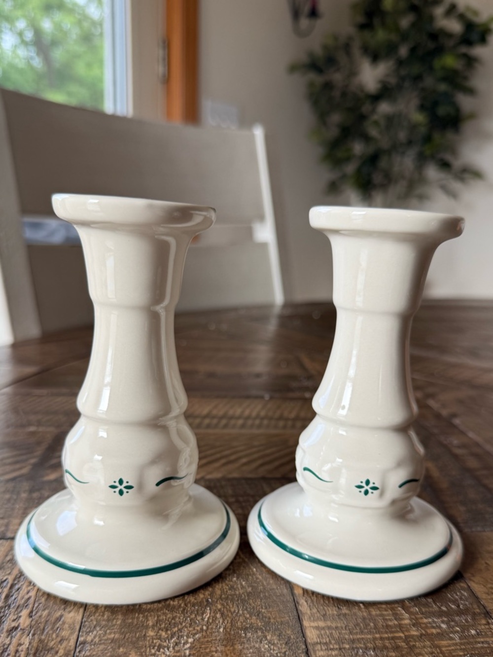 Longaberger Pottery Woven Traditions Heritage Green 5" candlesticks.